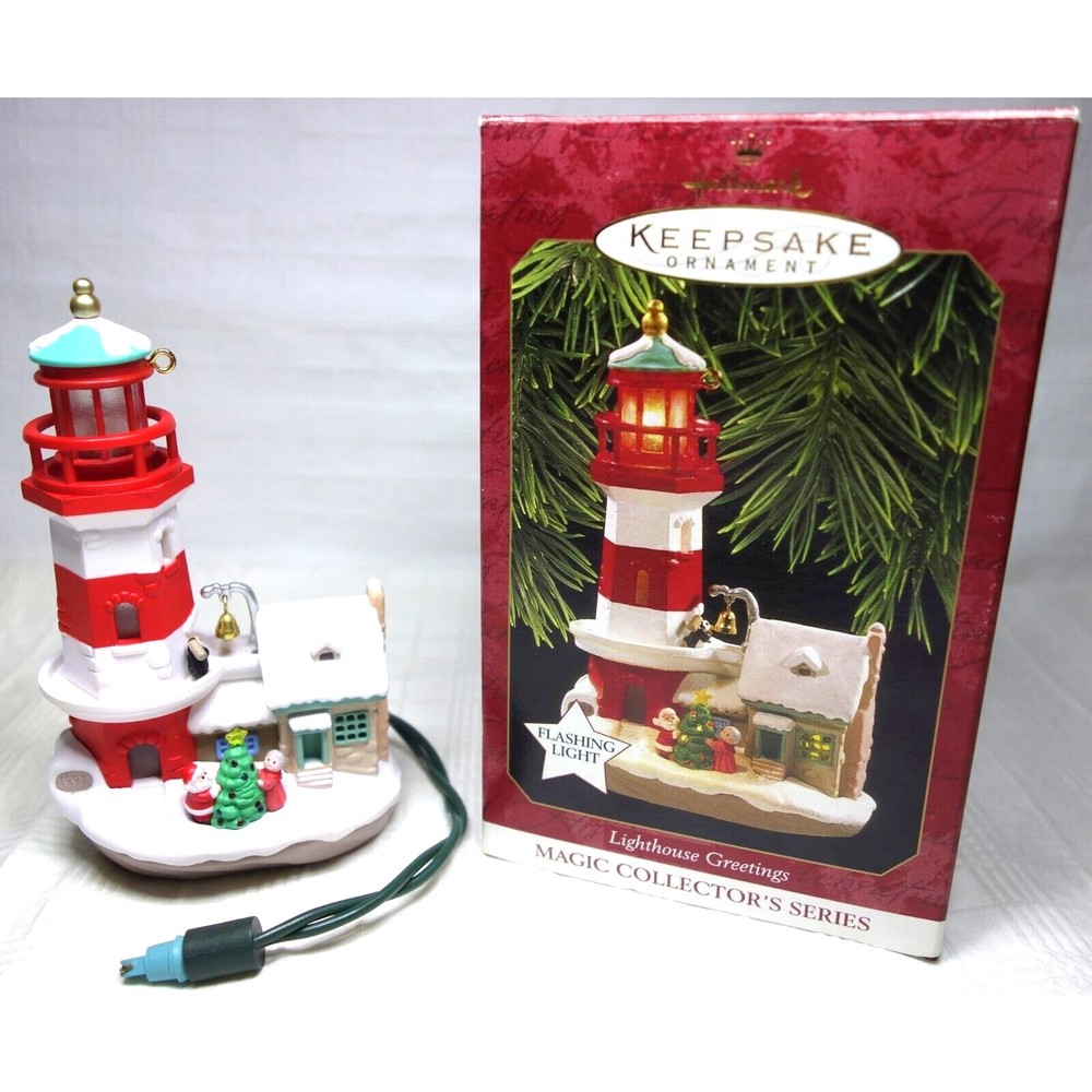 Hallmark Ornament 1997 Lighthouse Greetings 1 Flashing Light, Tree & House WORKS